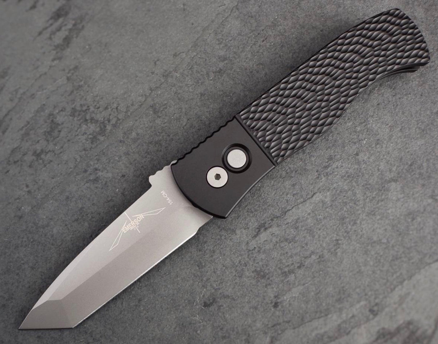 Pro-Tech Knives E7T05 Emerson CQC7 Folding Knife 3.25in Chisel Ground Tanto Blade Black Jigged Textured Handles