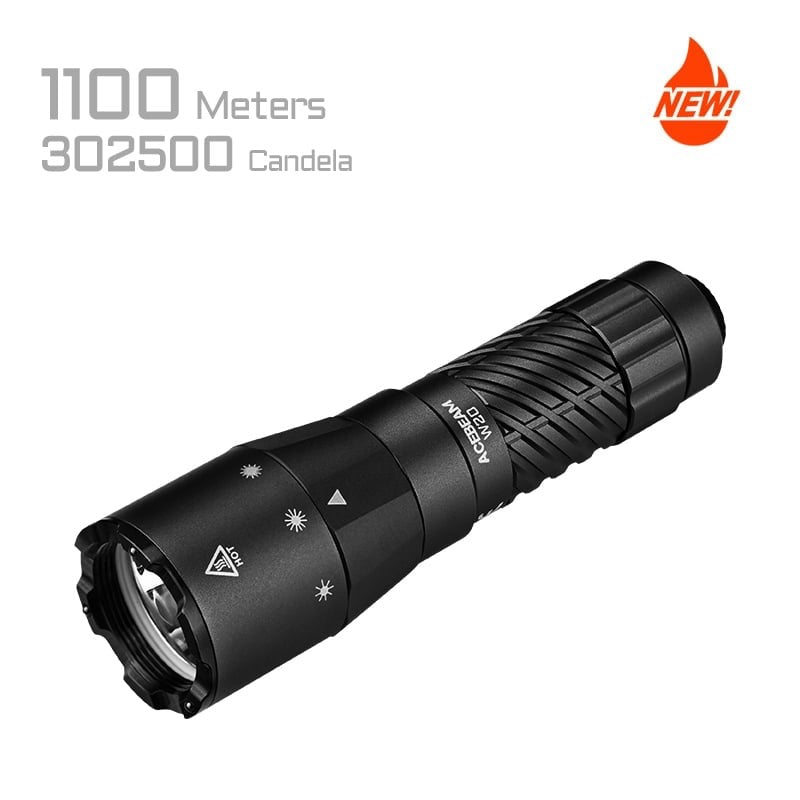 Long-range Acebeam W20 LEP tactical flashlight with 1100 meters beam distance, 600 lumens