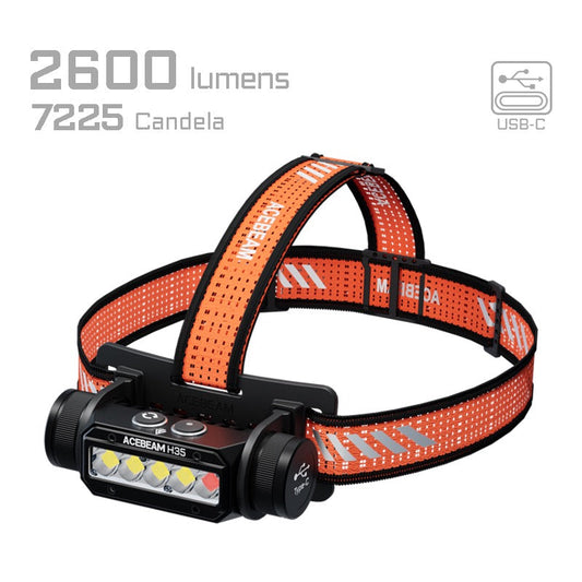 Acebeam H35 front view – 2600 lumen white + red LED rechargeable headlamp