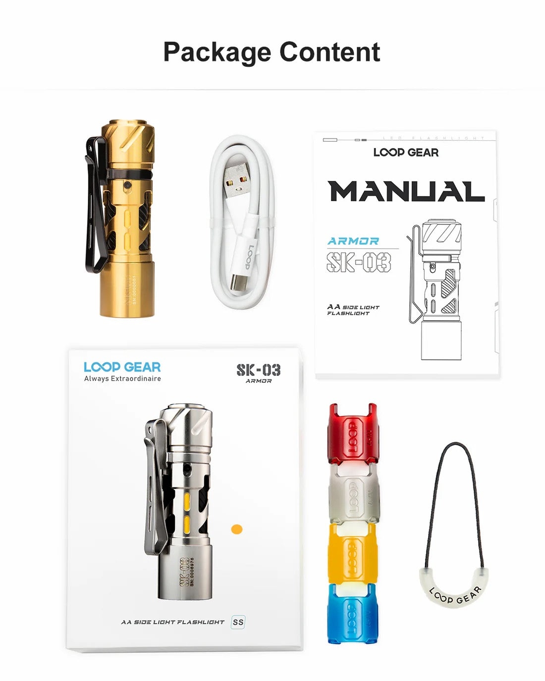 Loop Gear SK03 Gold Stainless Steel 1000 Lumen Everyday Carry LED Flashlight USB-C Rechargeable 14500 Battery