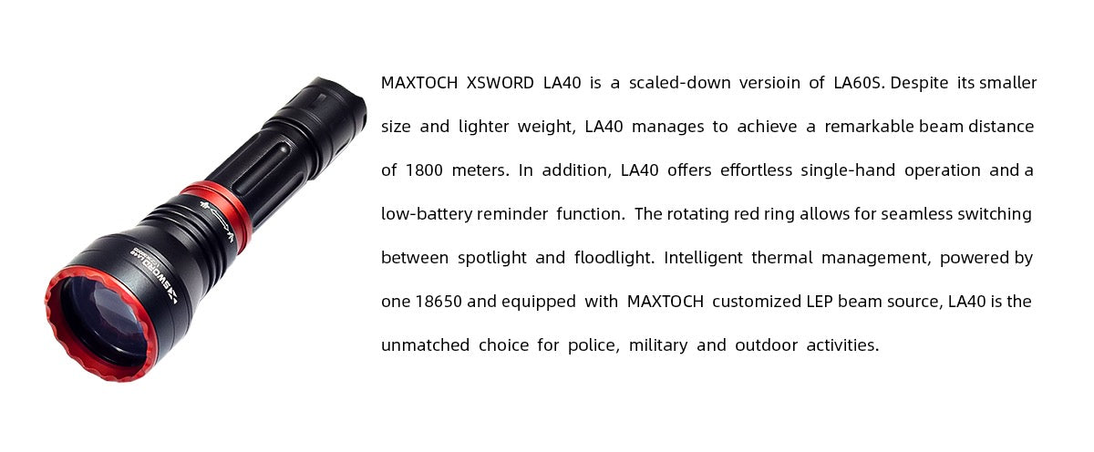 MAXTOCH LA40 Compact Zoom LEP Flashlight – 1800m Throw, 18650 Powered