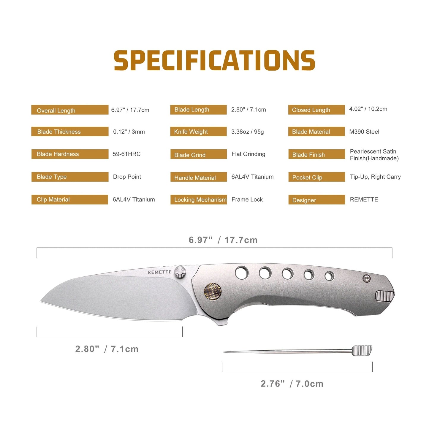 Remette RT‑Bee Titanium M390 – 2.8″ M390 EDC Flipper with Titanium Handle & Built-In Toothpick