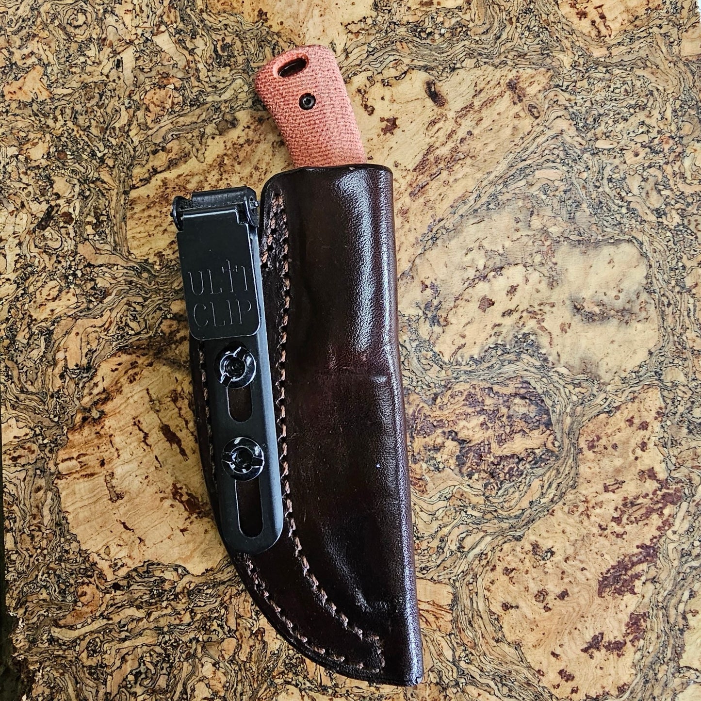 TRM Tagalong Fixed Blade – PSB-27 2.44″ Stonewash Drop‑Point, Autumn Orange Micarta & Leather Sheath