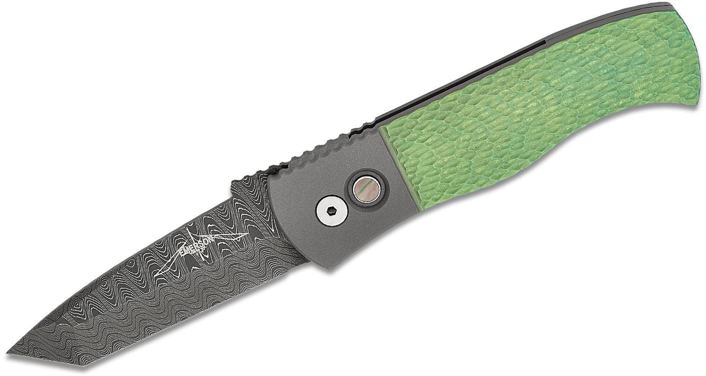 Pro-Tech 2024 Emerson CQC7 Custom 001 Titanium Jigged Two Toned Handles Nichols Damascus Chisel Tanto Blade