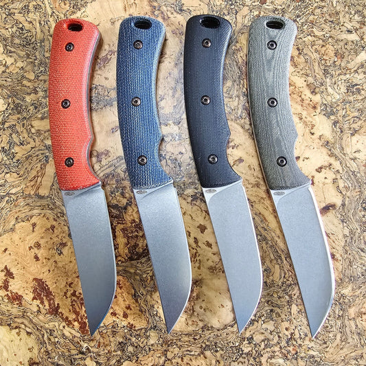 TRM Tagalong Fixed Blade – PSB-27 2.44″ Stonewash Drop‑Point, Autumn Orange Micarta & Leather Sheath