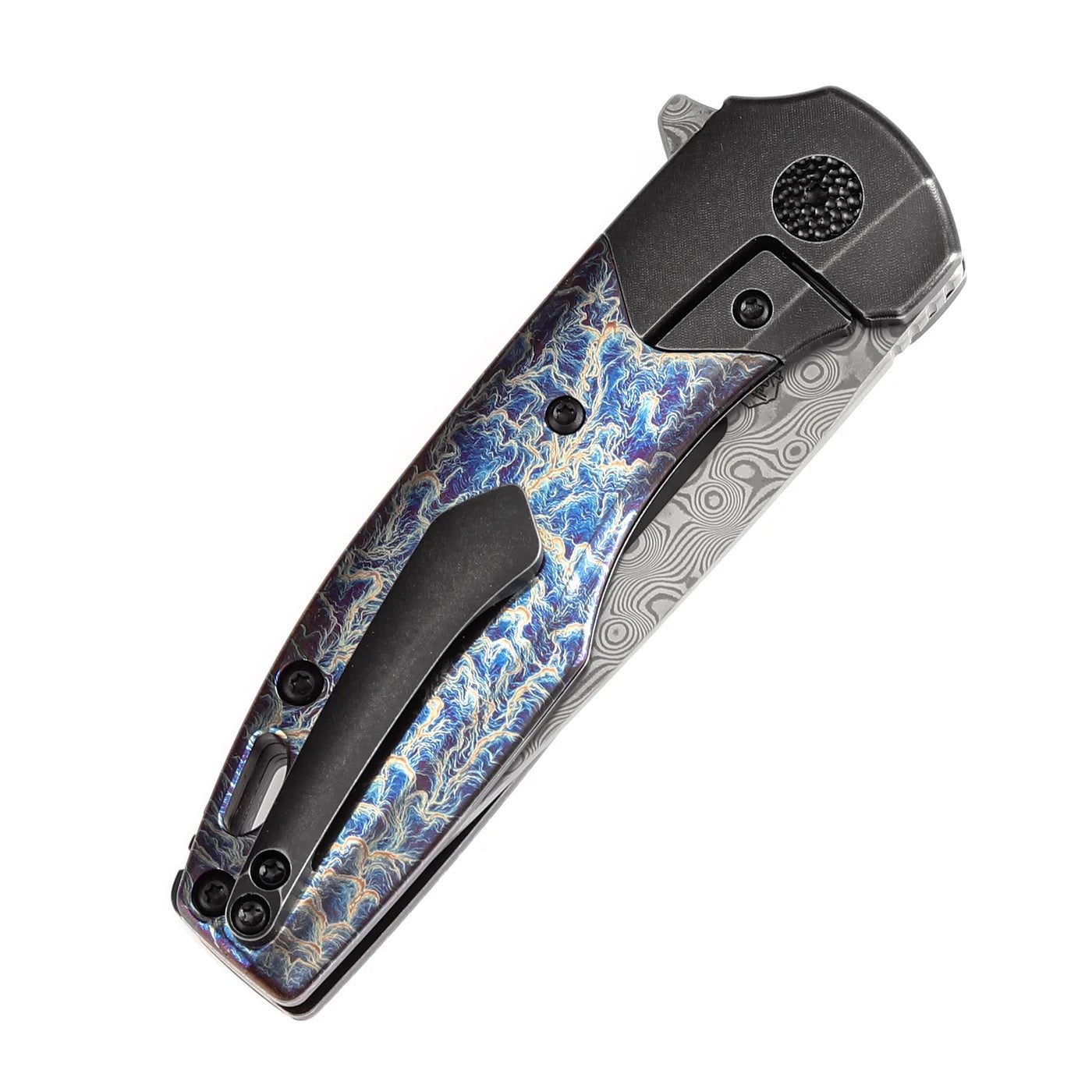 Kansept Cassowary 2.9" Damascus Blade Black Stonewashed Titanium & Lightning Strike Finish Titanium Handles - K2065B4