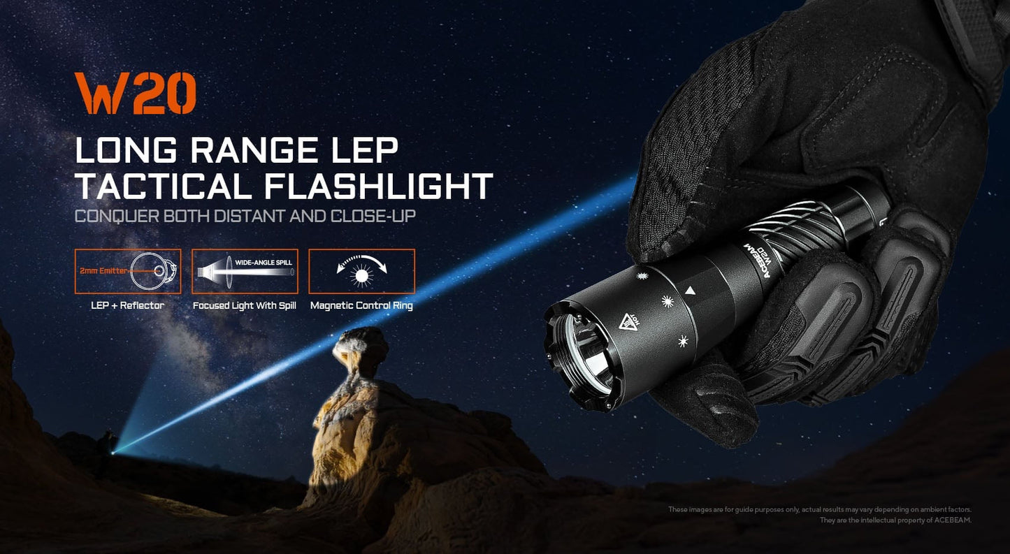 Acebeam W20 LEP flashlight with reflector, focused wide-angle spill for versatile use