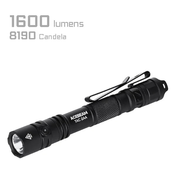 Acebeam TAC 2AA 1600 Lumen Dual Switch Tactical Pen Style Flashlight USB-C Rechargeable Battery Included - Black