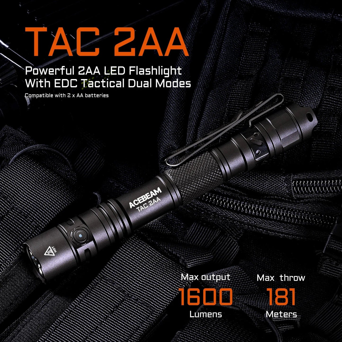 Acebeam TAC 2AA 1600 Lumen Dual Switch Tactical Pen Style Flashlight USB-C Rechargeable Battery Included - Black