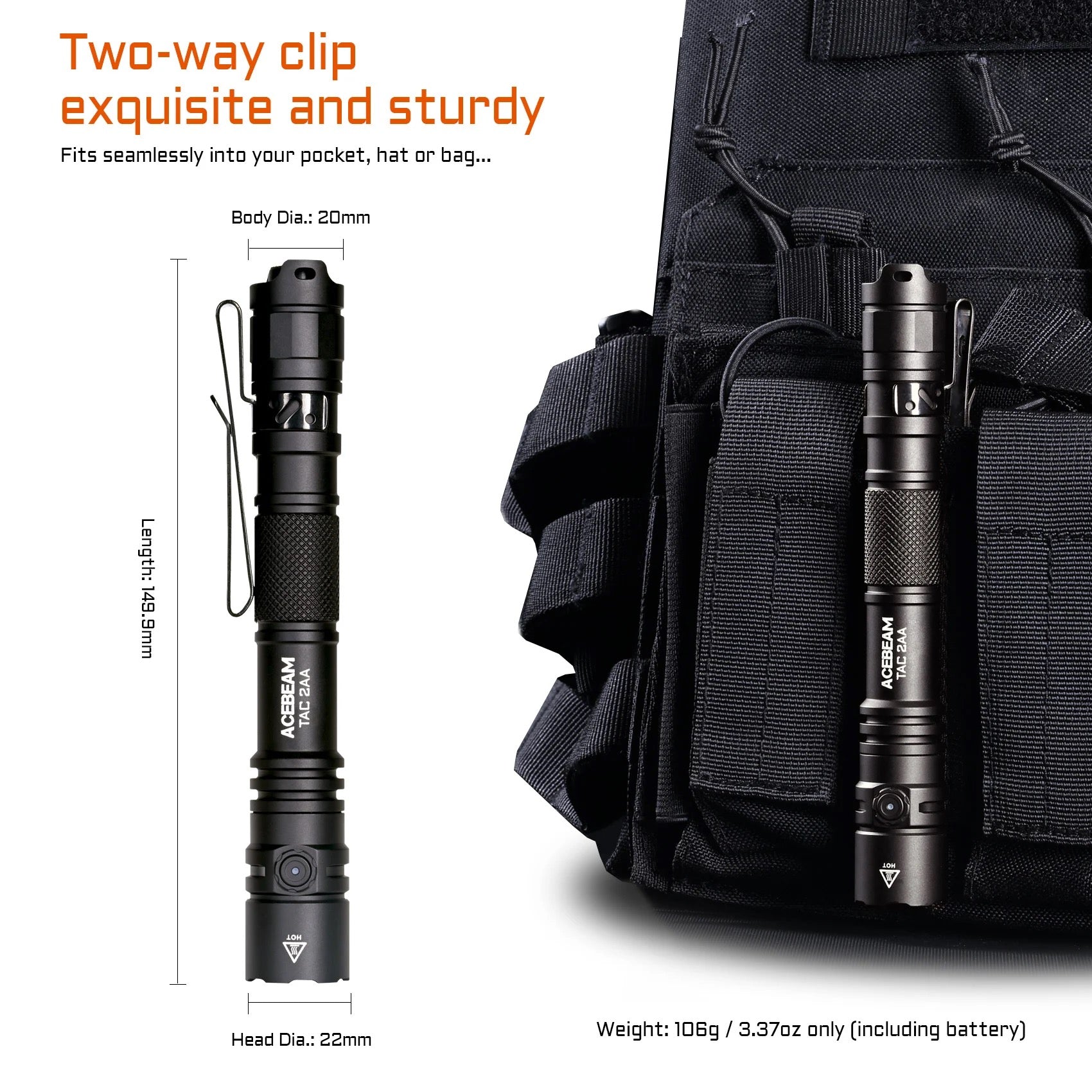 Acebeam TAC 2AA Black TAC2AA-Black USB-C rechargeable Li-ion battery detail
