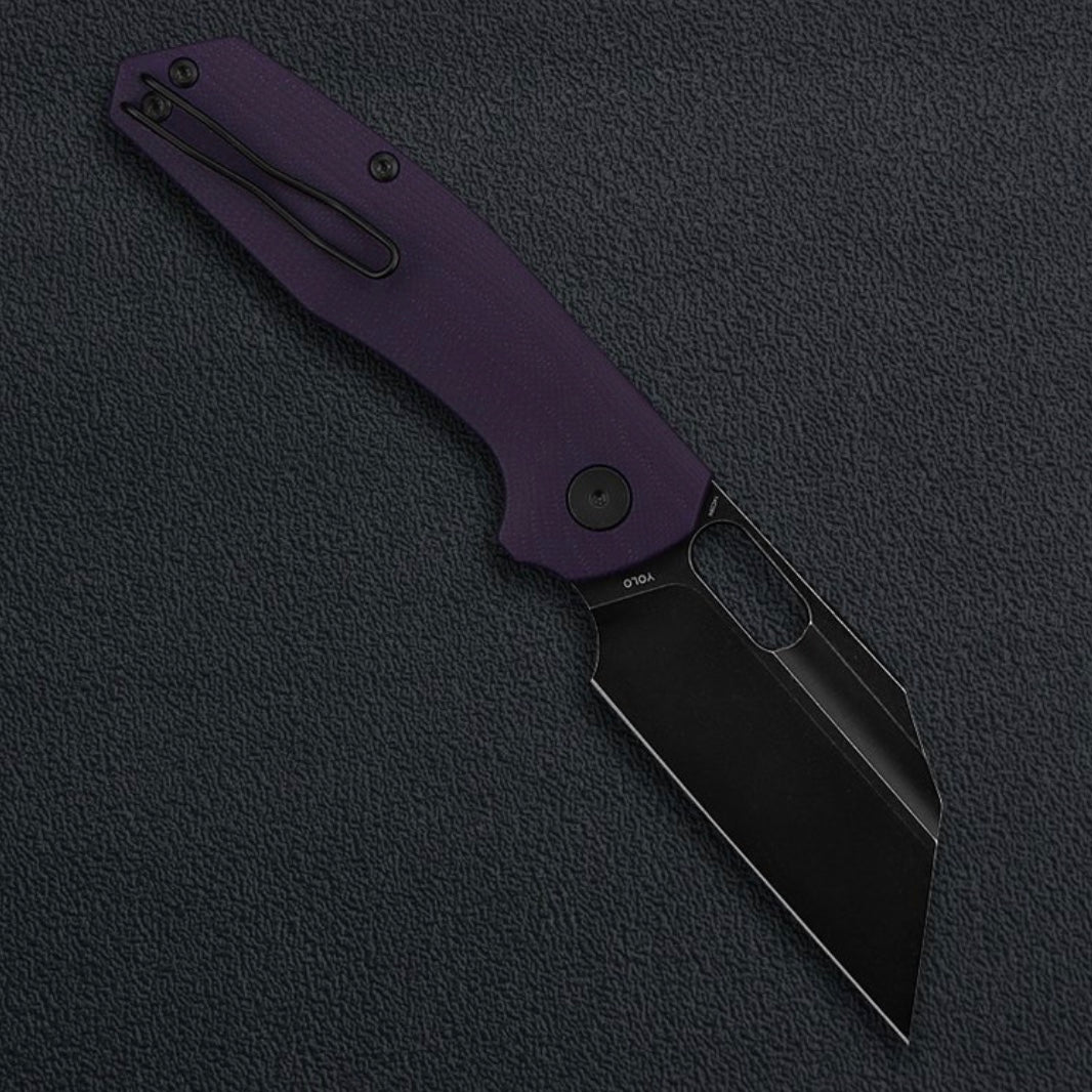 Ironfly Yolo Button Lock 3.38in 14C28N Blade Purple G10 Handles VF02-PL