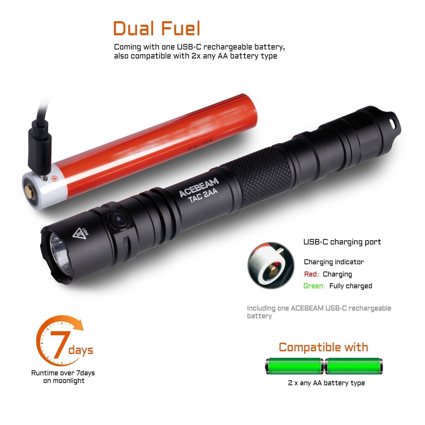 Acebeam TAC 2AA 1600 Lumen Dual Switch Tactical Pen Style Flashlight USB-C Rechargeable Battery Included - Green