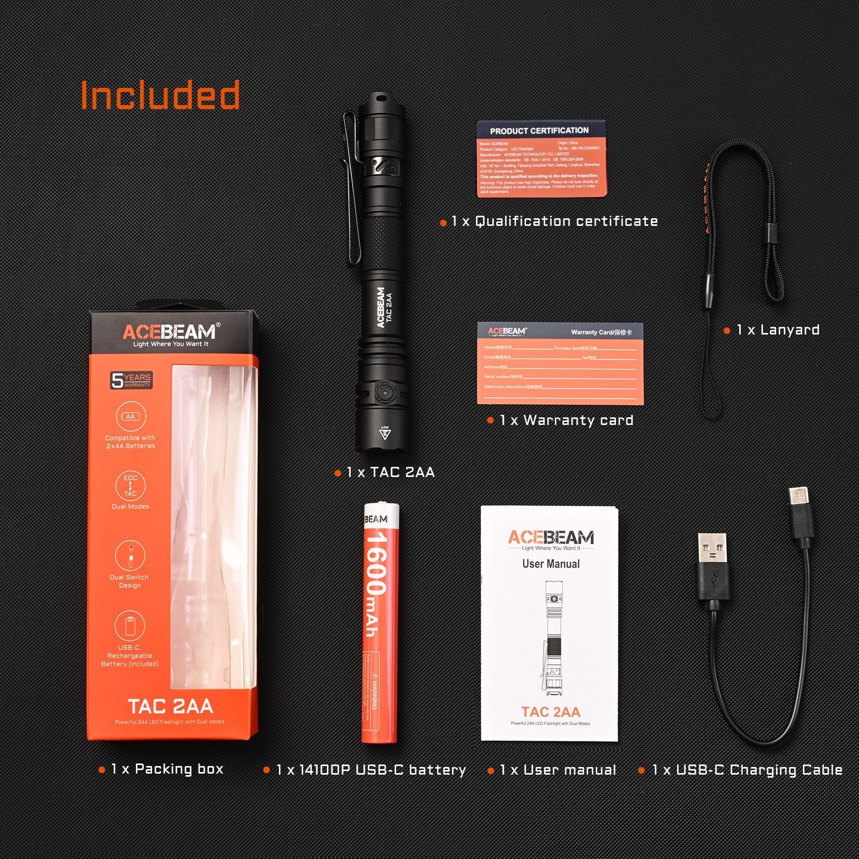 Acebeam TAC 2AA Black TAC2AA-Black included accessories and packaging view