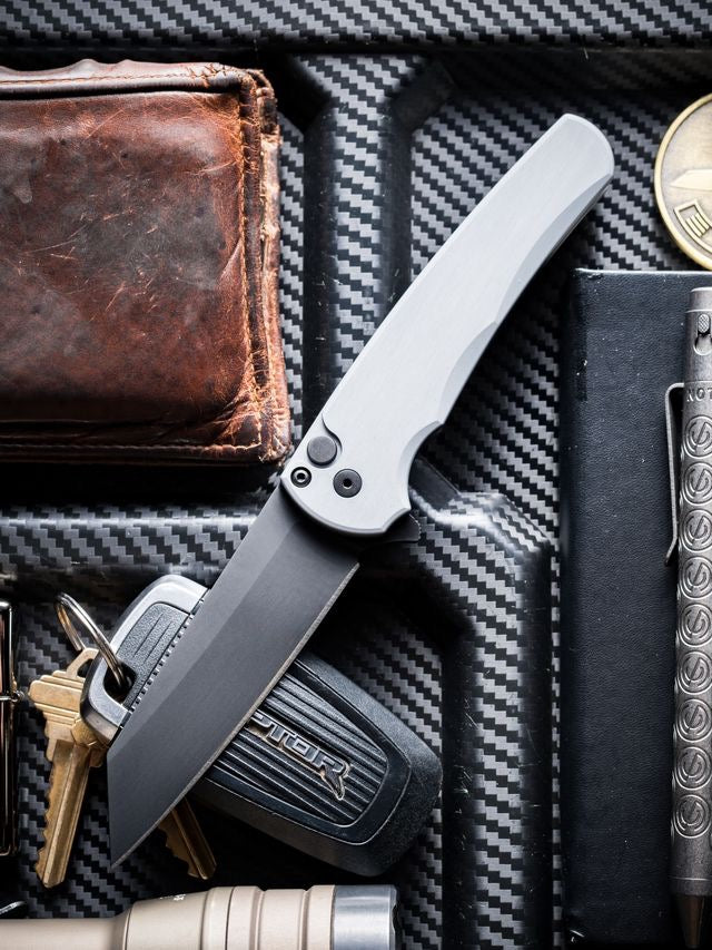 Pro-Tech 5403-Grey Malibu Button Lock Flipper Grey Handle PVD Magnacut Reverse Tanto Blade