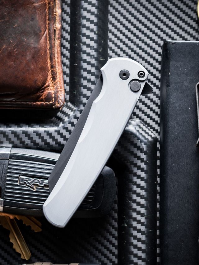 Pro-Tech 5403-Grey Malibu Button Lock Flipper Grey Handle PVD Magnacut Reverse Tanto Blade