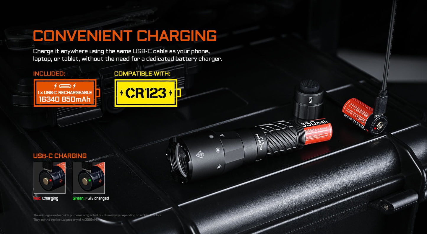 Acebeam W20 LEP flashlight with wide angle spill on black surface