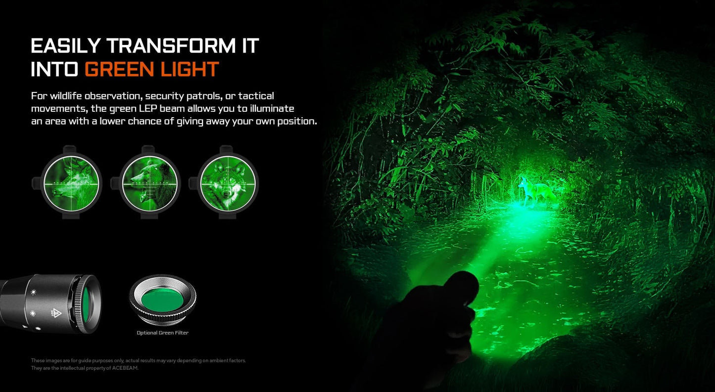 Acebeam W20 LEP flashlight beam illumination for tactical and outdoor use