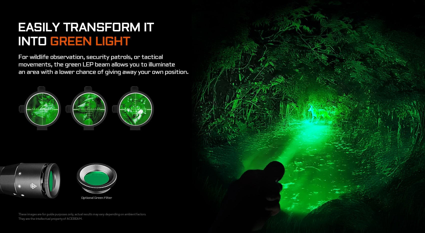 Acebeam W20 LEP flashlight beam illumination for tactical and outdoor use