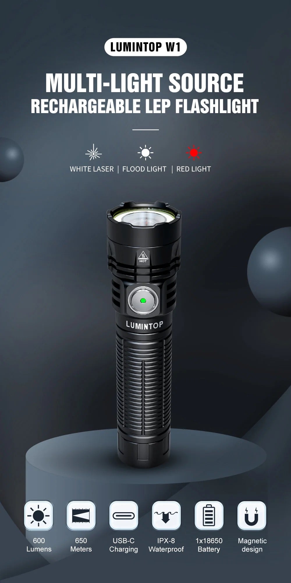 Lumintop W1 Multi-Light Rechargeable Flashlight SILVER 1 *21700 Battery Included White LED / Red LED / White Extreme Focus