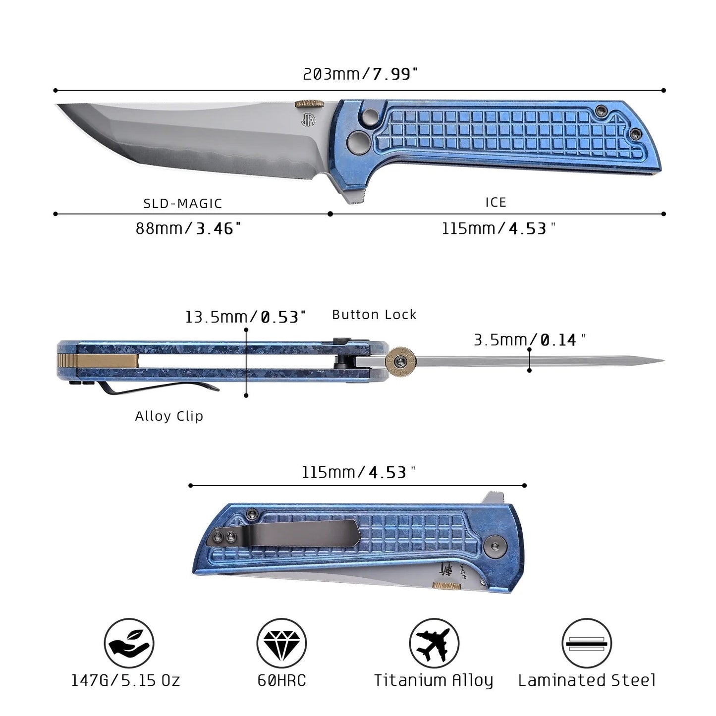 North Mountain Blade Chop 2 Ice Grid Blue Handle Tanto SLD-Magic Blade 2406-ICE-G-BL