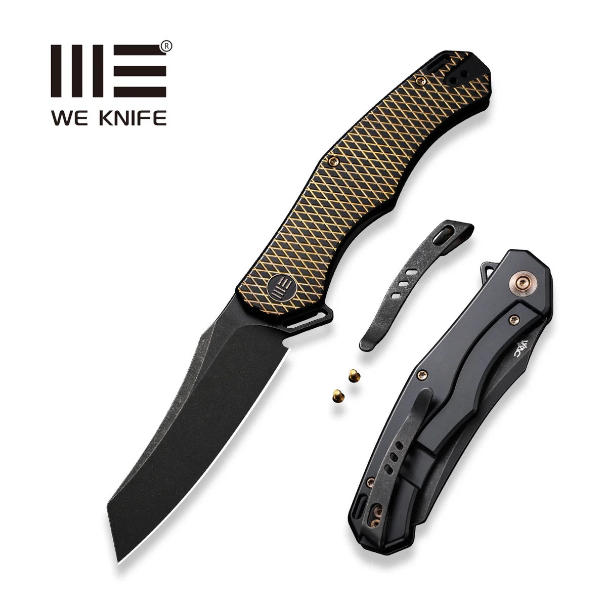 WE Knife RekkeR 3.61in CPM 20CV Reverse Tanto Blade Golden/Black Titanium Handles (WE22010G-3)