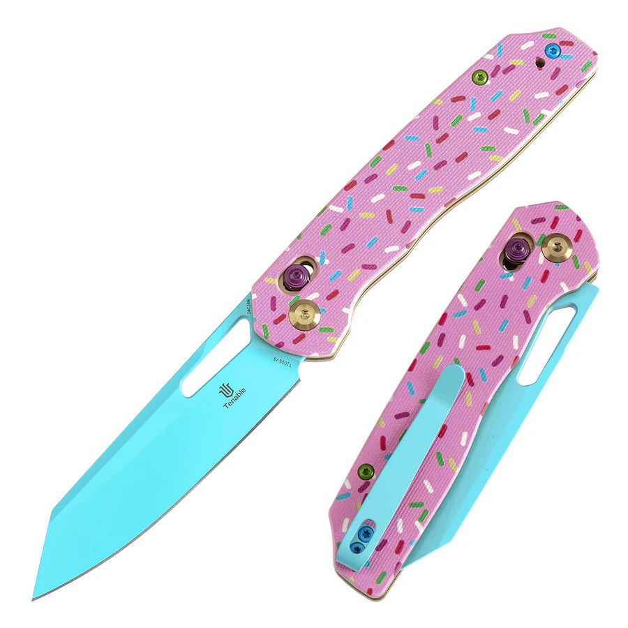 Tenable Shard Cross Bar Lock 3.47in 14C28N Blue Blade Jade G10 with Donut Print Handle - T1006V8