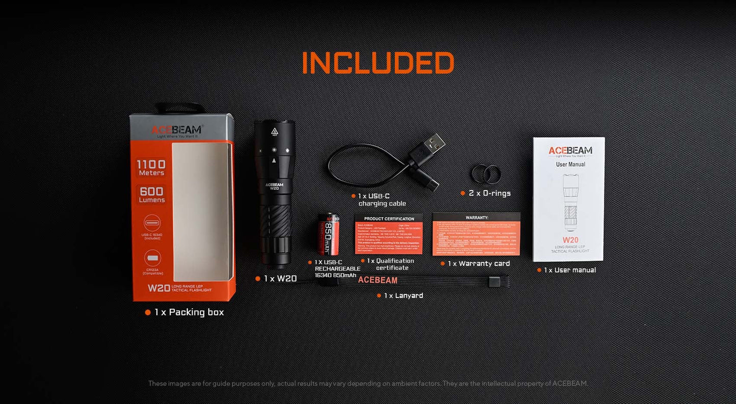 Acebeam W20 LEP flashlight tactical tail switch and two-way clip detail