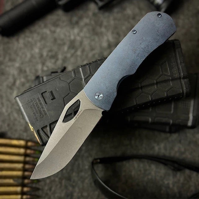 McNees Knives Dixon 3.75" MagnaCut Frame Lock Stonewash Blade Blue Bronze Titanium Handle USA Made