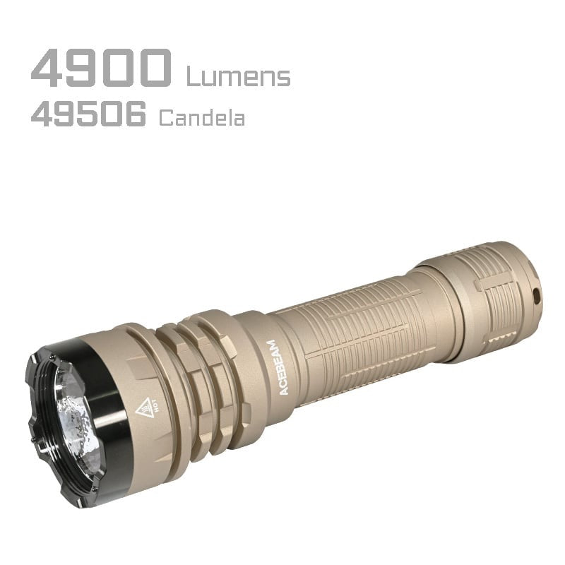Acebeam Defender P17 Desert Tan (DefenderP17-Desert-Tan) front view – 4,900-lumen CREE XHP70.3 tactical flashlight