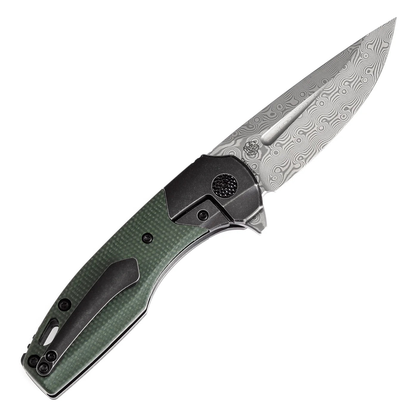 Kansept Cassowary 2.9" Damascus Blade Green G10 & Black Titanium Handles - K2065B6