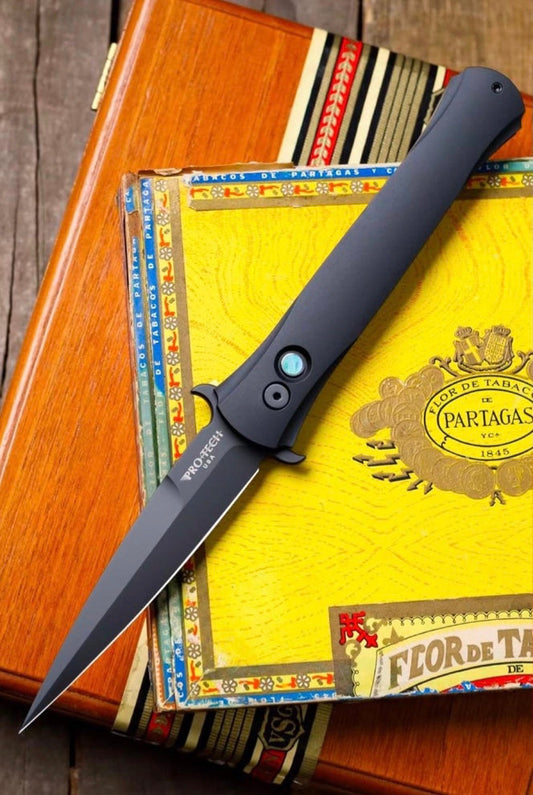 Pro-Tech Large Don 4.5in DLC Black Blade Aluminum Black Handle w/ Mother of Pearl Button 1921-LTD