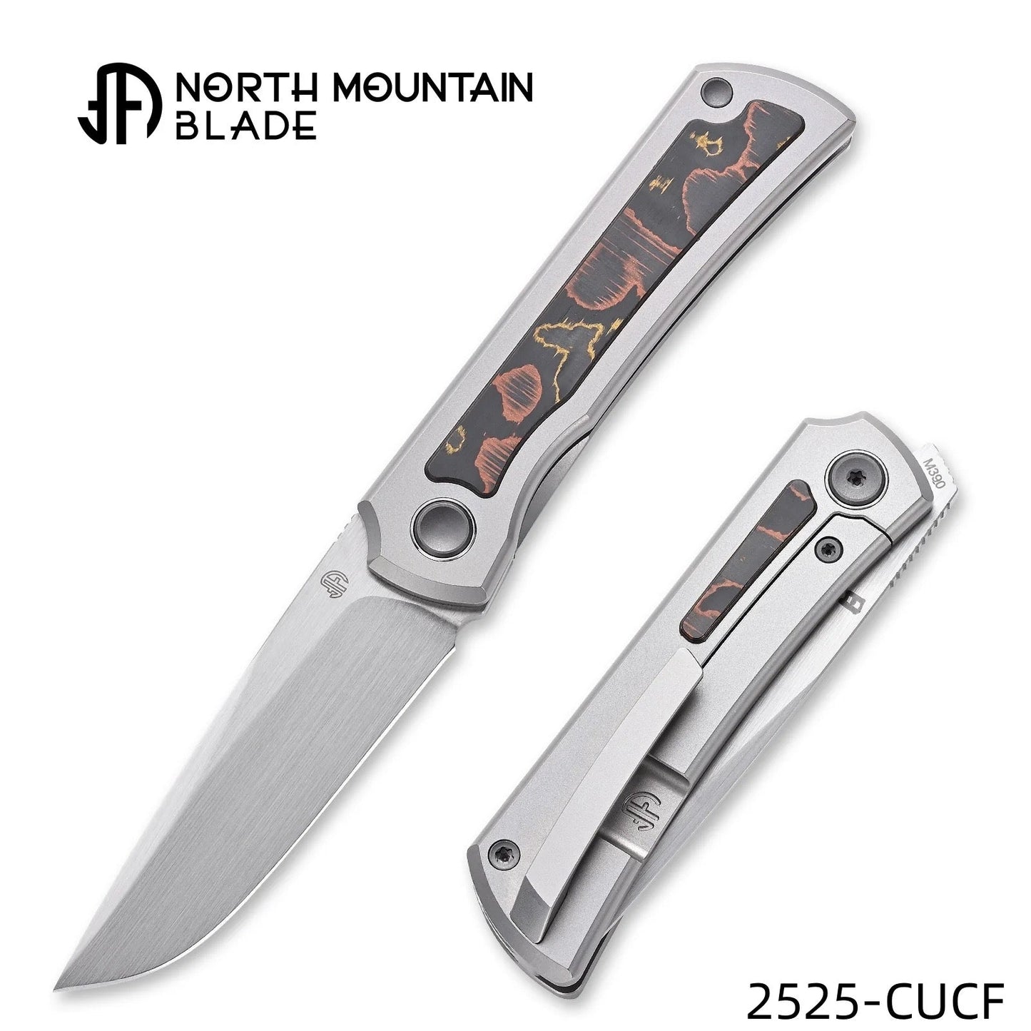 North Mountain Blade Sun 2525-CUCF Mini Folding Knife 2.5" M390 Hand-Brushed Blade Titanium Handle Carbon Fiber Inlay Front Flipper Frame Lock