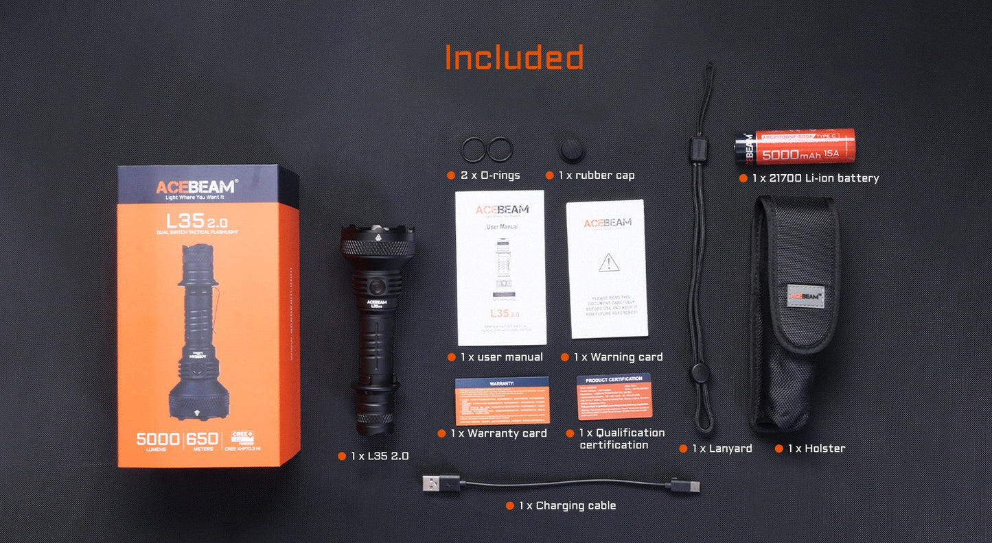 Acebeam L35 2.0 Blue 5000 Lumen Tactical Flashlight USB-C Rechargeable 21700 Battery Included