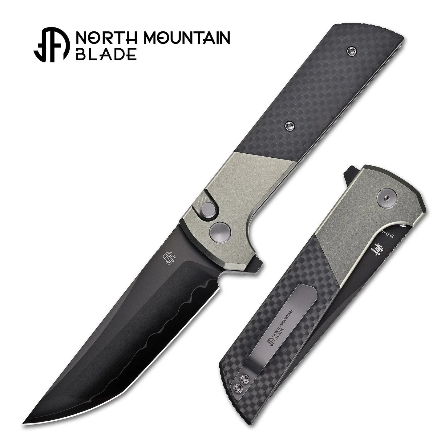 North Mountain Blade 2407-GRCF-DLC Chop 2 3.5" Tanto Folding Knife Grey Aluminum & Carbon Fiber Handle Button Lock
