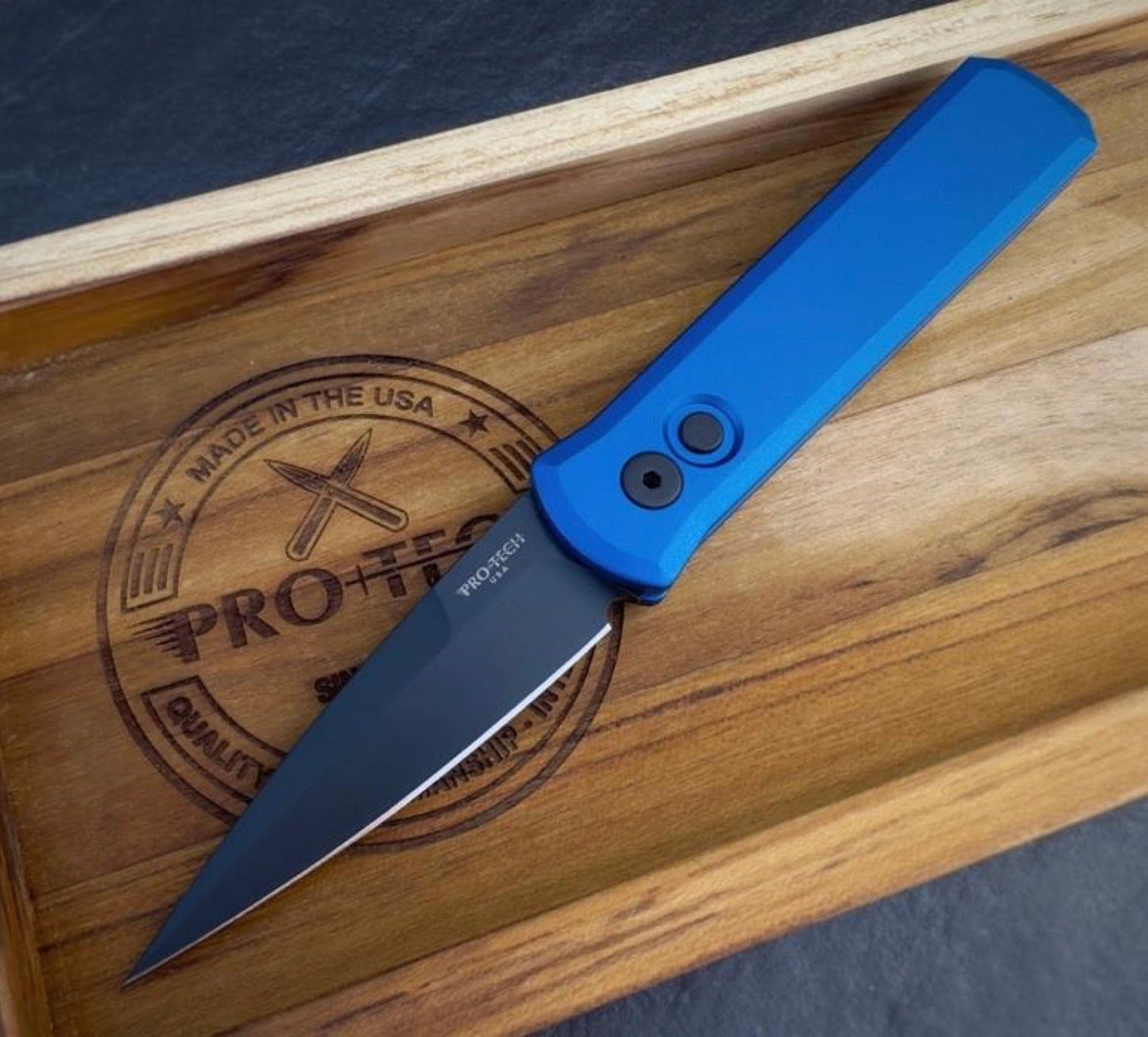 Pro-Tech Knives Godson 721-Blue Automatic Folding Knife 3.15in DLC Coated 154cm Steel Blade