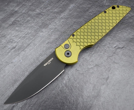 Pro-Tech Tactical Response Folding Knife 3.5in DLC Black 154-CM Steel Green Fish Scale Engraved Handles- TR-3 X1 GRN
