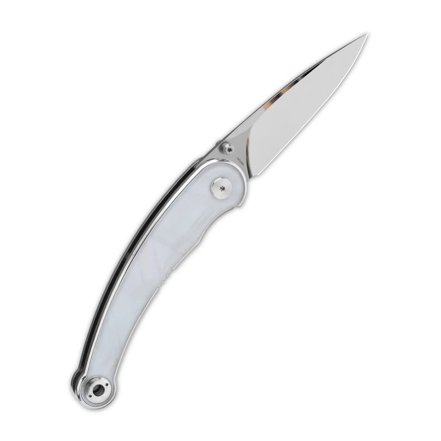 QSP Dolphin Liner Lock 3.15in 14C28N Blade White Pearl Shell Handle (QS161-C)
