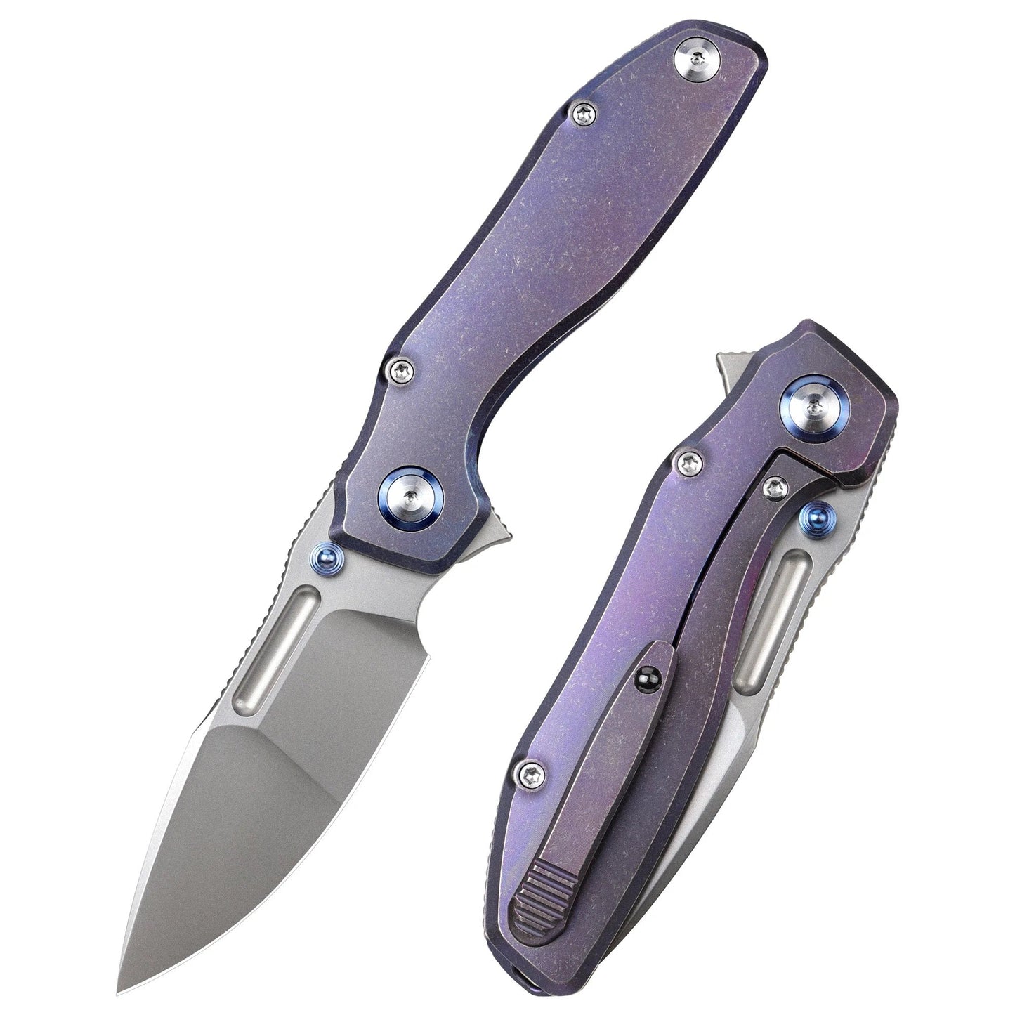 Remette RT-TwoFace DSTF-B â€“ 3.03" M390 Spear Point Blade, Grilled Blue Stonewashed Titanium Handle
