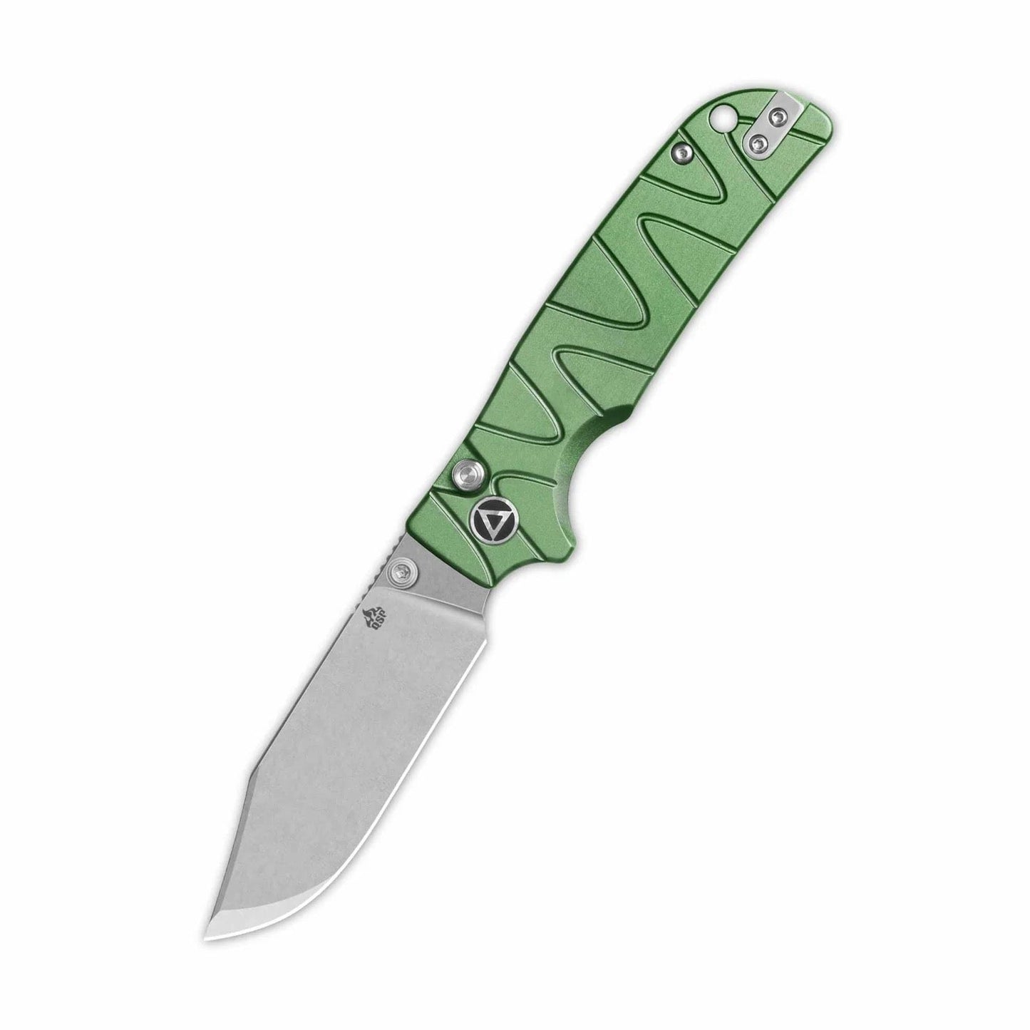 QSP Kali Button Lock 3.25in Stonewashed 14C28N Blade Green Aluminum Handle (QS159-E1)