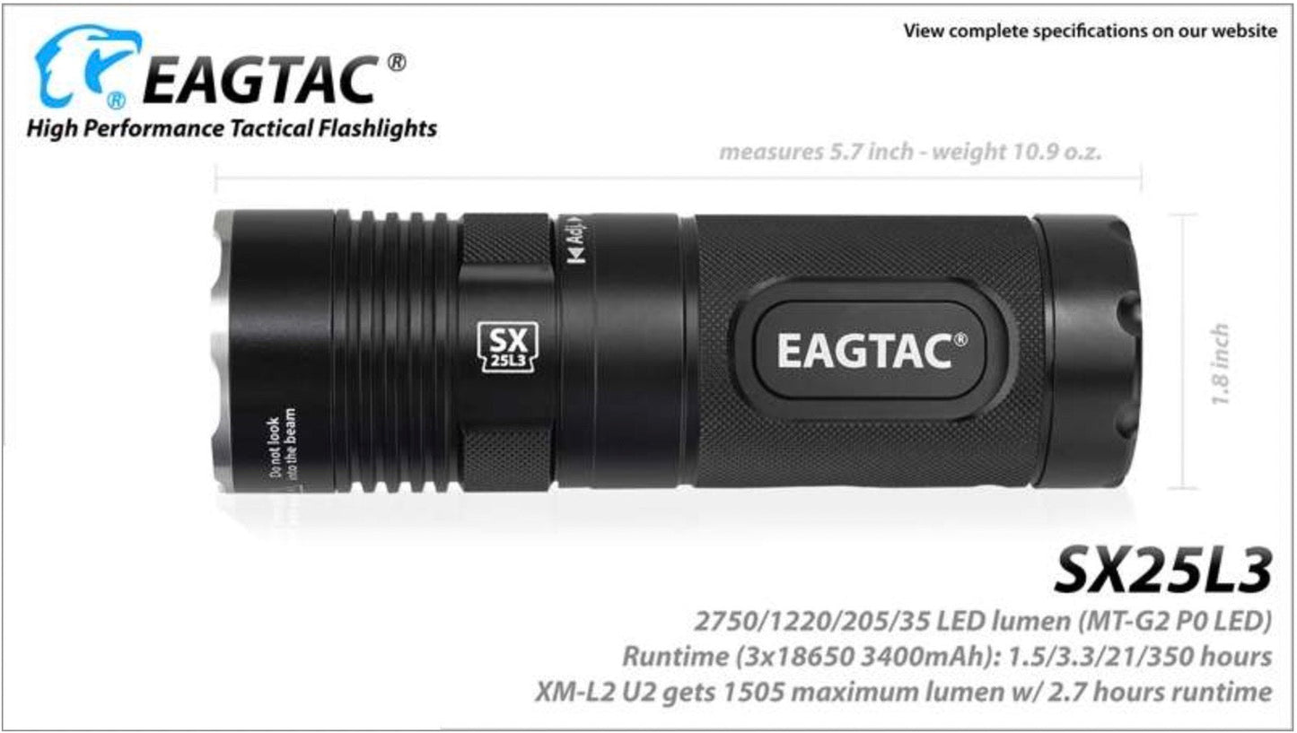 EagleTac SX25L3 XM-L2 U2 LED 1505 Lumen 6 x CR123 / 3x 18650 -No Kit