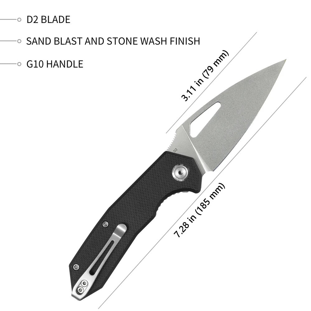 Kubey Coeus Folding Pocket Knife 3.11in D2 Steel Black Textured G10 Handles