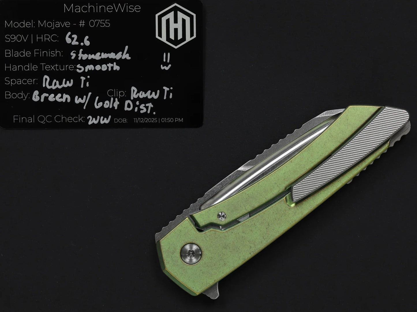 Machinewise Mojave 0755 – 3.45" S90V Blade Green w/ Gold Distressed Titanium Handles