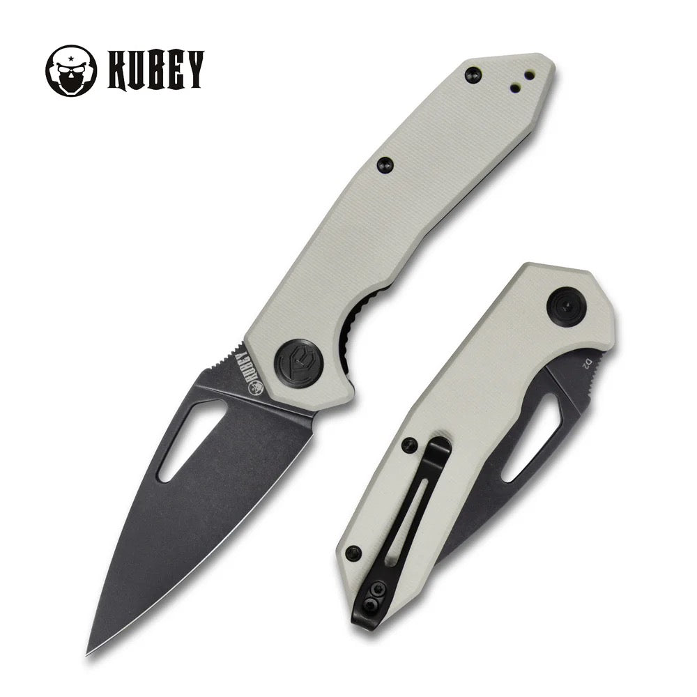Kubey Coeus Folding Pocket Knife 3.11in Dark Stonewashed D2 Steel Ivory Textured G10 Handles