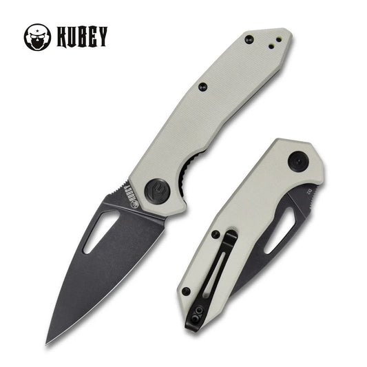 Kubey Coeus Folding Pocket Knife 3.11in Dark Stonewashed D2 Steel Ivory Textured G10 Handles