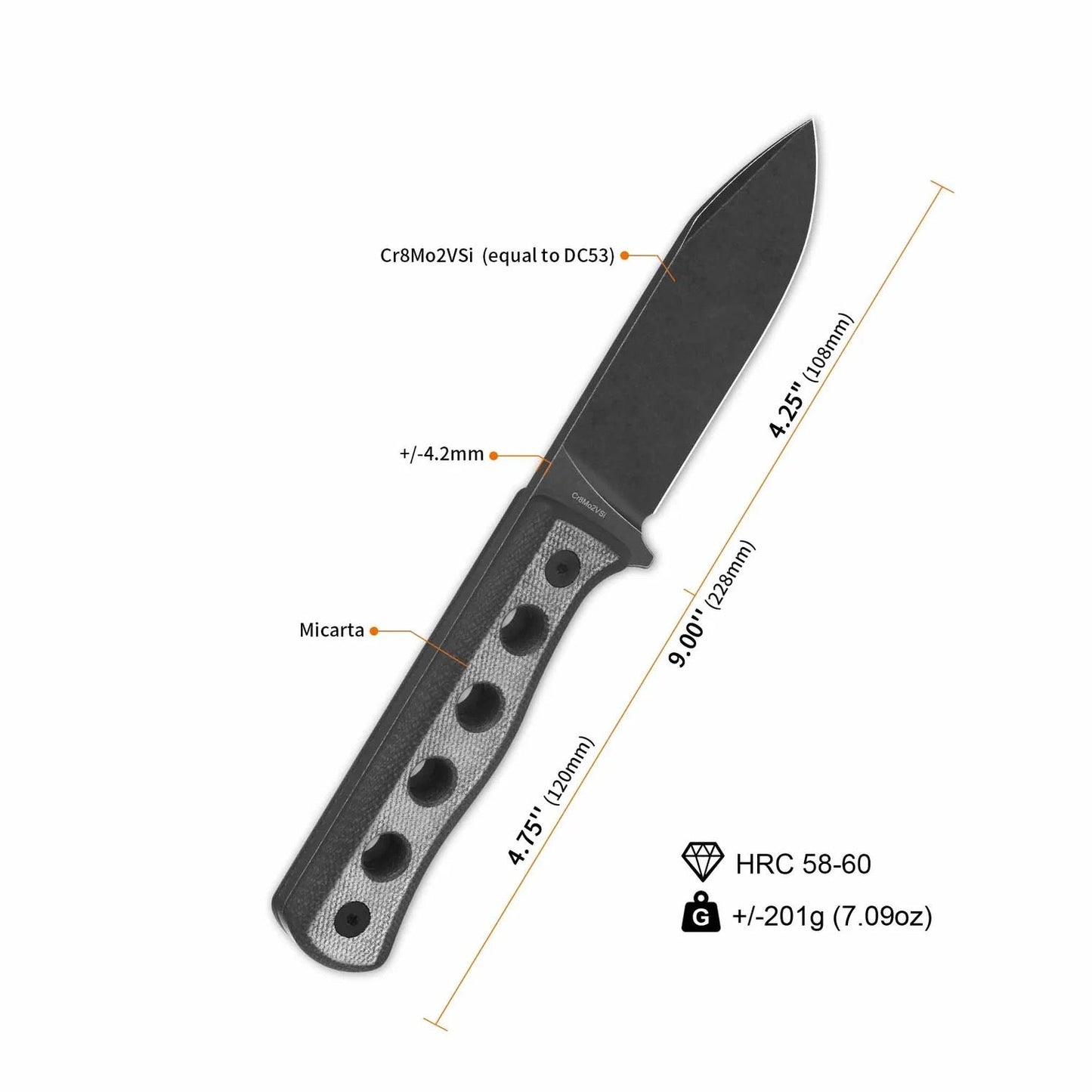 Canary Fixed Blade 4.25in Cr8Mo2VSi Steel Black Micarta Handle QS155-B2