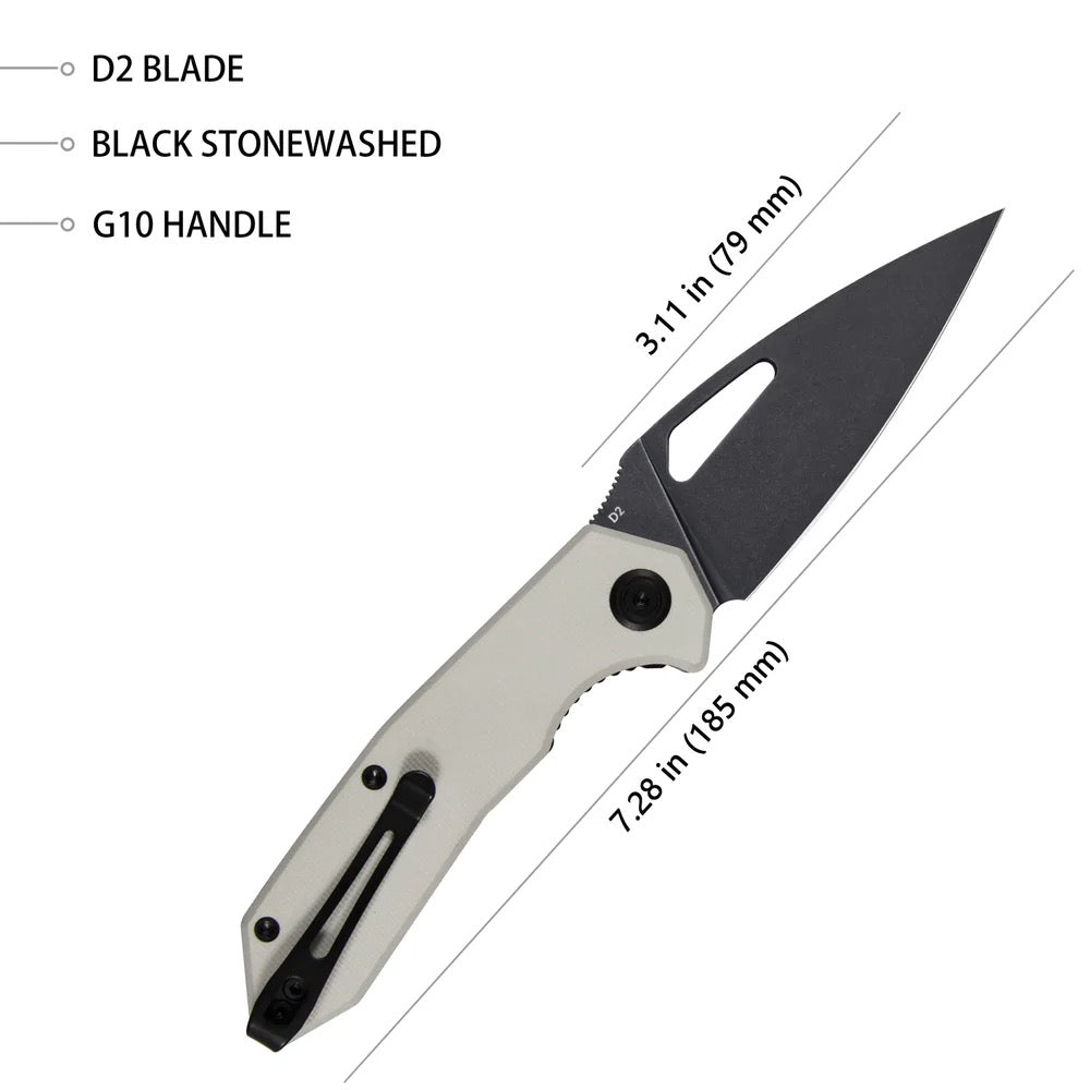 Kubey Coeus Folding Pocket Knife 3.11in Dark Stonewashed D2 Steel Ivory Textured G10 Handles
