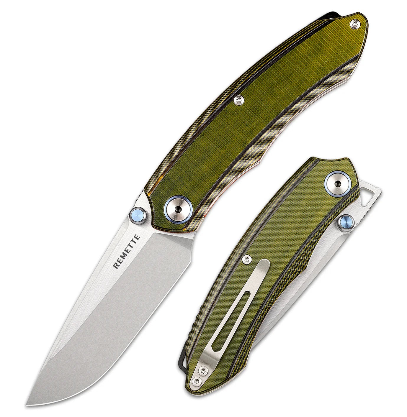 Remette Wild Species 3.27in 14C28N Blade Green G10 Handles Orange Liners - GC103