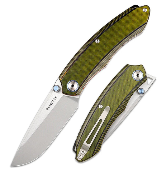 Remette Wild Species 3.27in 14C28N Blade Green G10 Handles Orange Liners - GC103