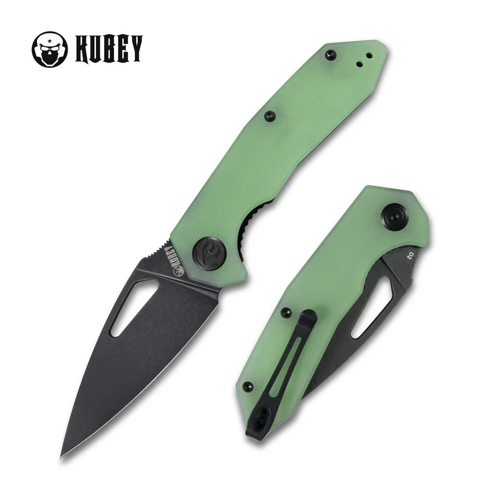Kubey Coeus Folding Pocket Knife 3.11in Dark Stonewashed D2 Steel Jade Textured G10 Handles