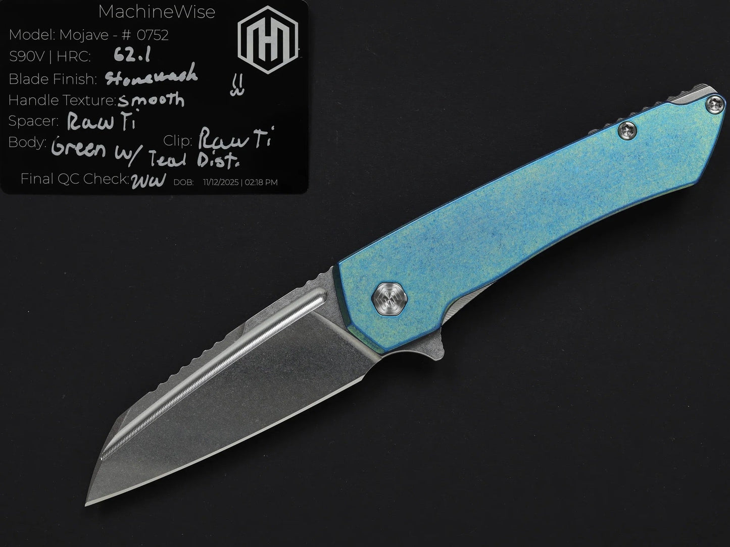 Machinewise Mojave 0752 – 3.45" S90V Blade, Green w/ Teal Distressed Titanium Handles
